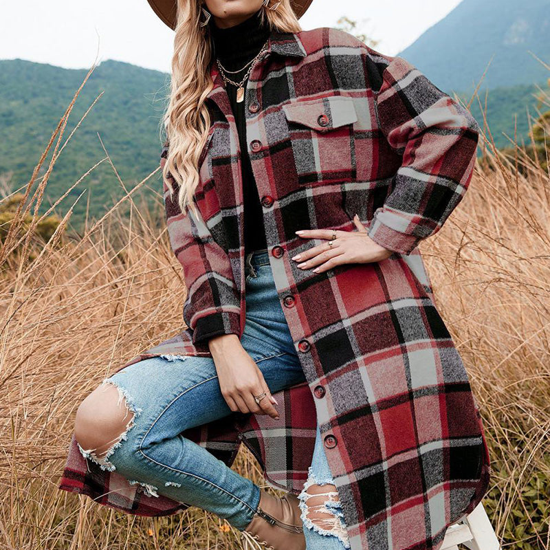 Women's Plaid Tweed Coat Long Sleeve Warm Stylish Outerwear