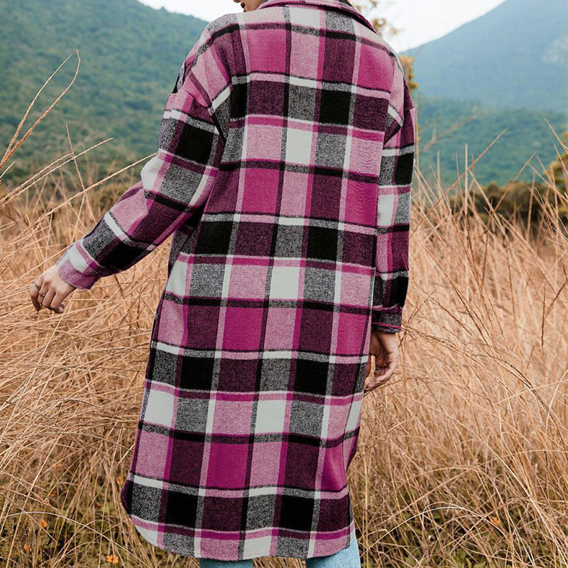 Women's Plaid Tweed Coat Long Sleeve Warm Stylish Outerwear