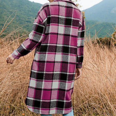 Women's Plaid Tweed Coat Long Sleeve Warm Stylish Outerwear