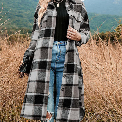 Women's Plaid Tweed Coat Long Sleeve Warm Stylish Outerwear