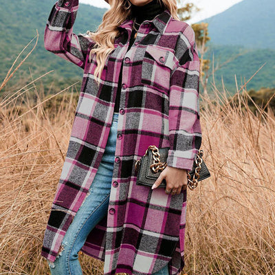 Women's Plaid Tweed Coat Long Sleeve Warm Stylish Outerwear