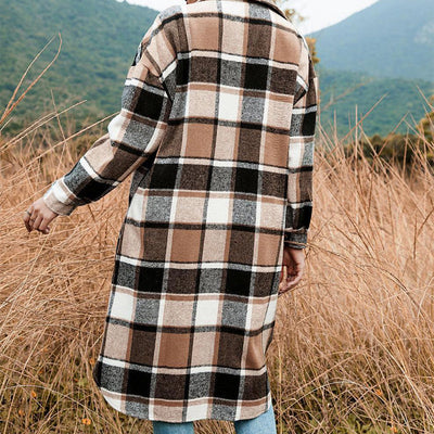 Women's Plaid Tweed Coat Long Sleeve Warm Stylish Outerwear