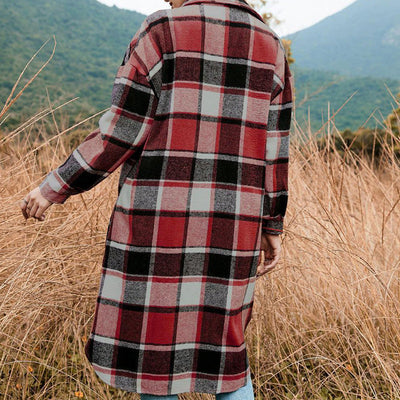 Women's Plaid Tweed Coat Long Sleeve Warm Stylish Outerwear
