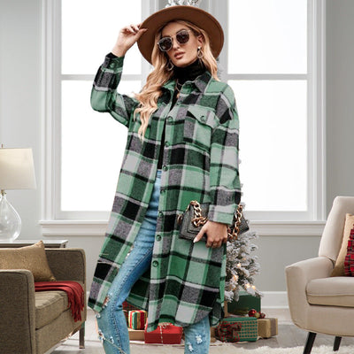 Women's Plaid Tweed Coat Long Sleeve Warm Stylish Outerwear