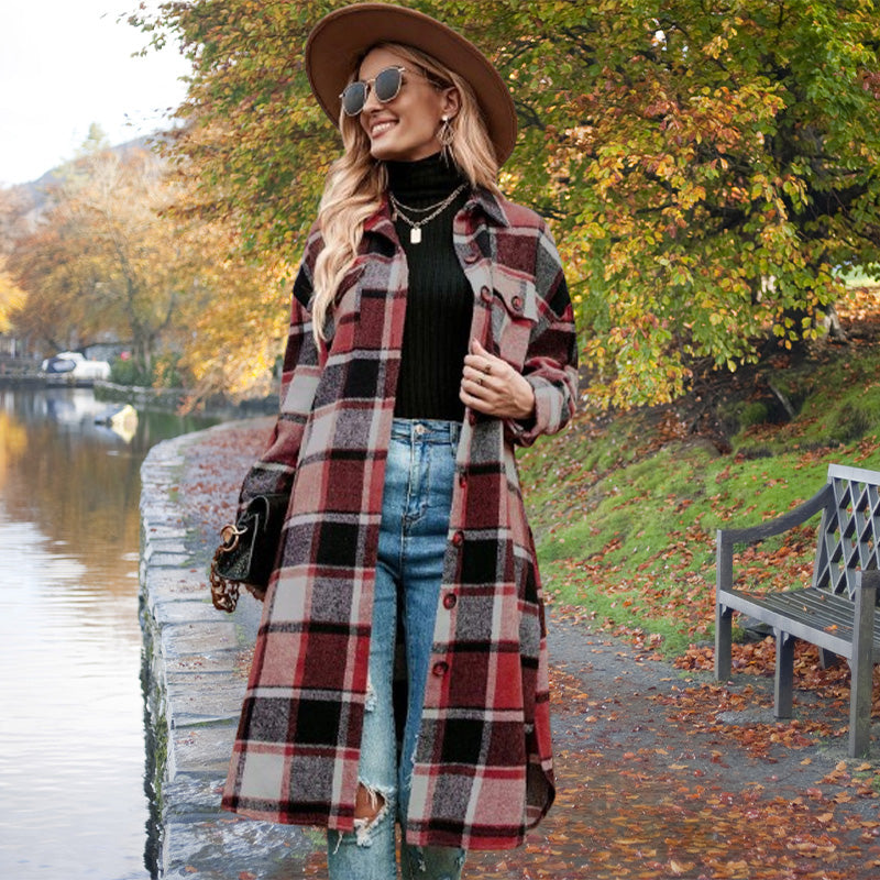 Women's Plaid Tweed Coat Long Sleeve Warm Stylish Outerwear