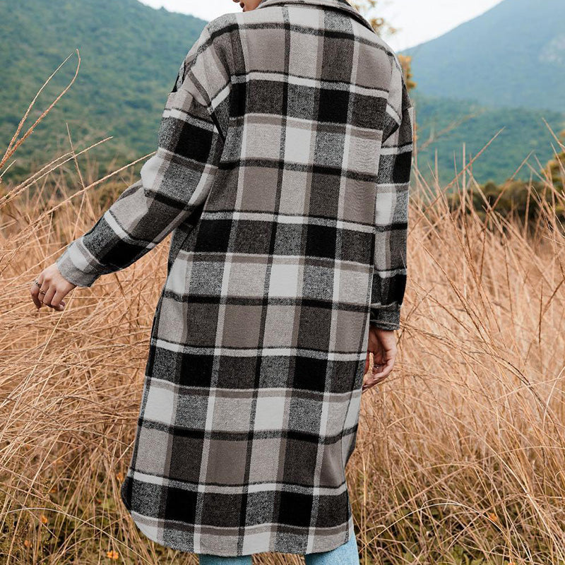 Women's Plaid Tweed Coat Long Sleeve Warm Stylish Outerwear