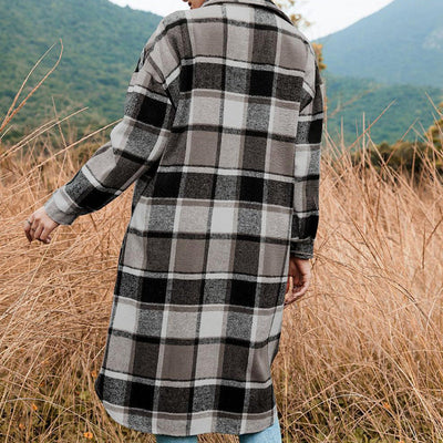 Women's Plaid Tweed Coat Long Sleeve Warm Stylish Outerwear