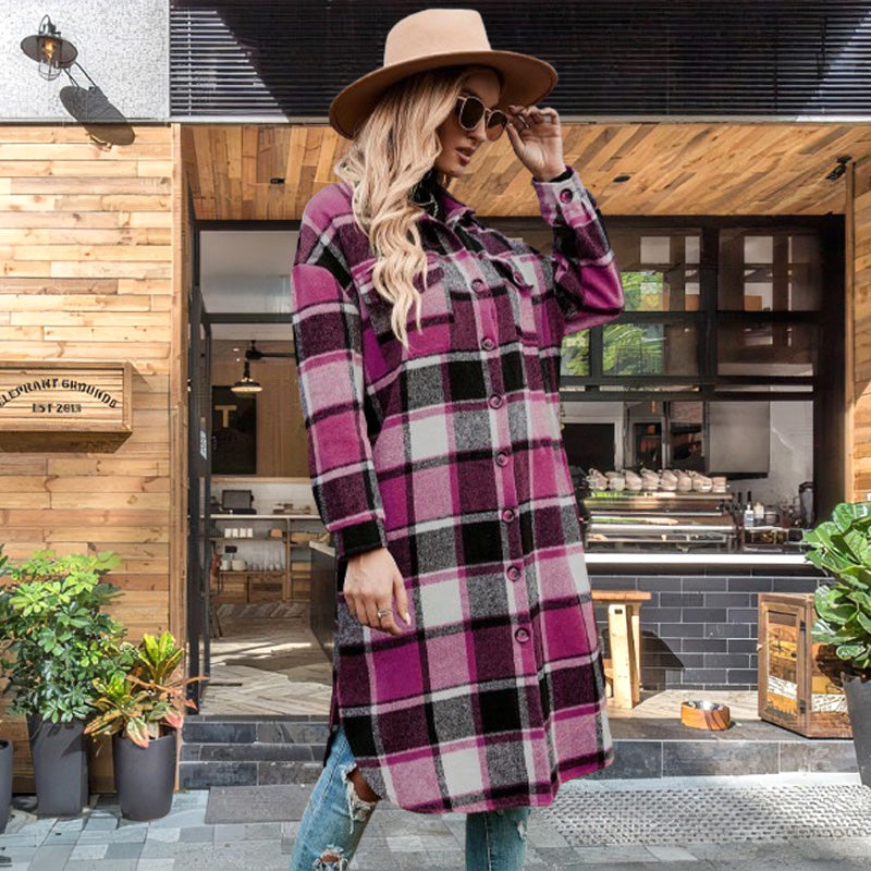 Women's Plaid Tweed Coat Long Sleeve Warm Stylish Outerwear