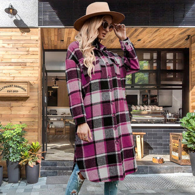 Women's Plaid Tweed Coat Long Sleeve Warm Stylish Outerwear