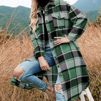 Women's Plaid Tweed Coat Long Sleeve Warm Stylish Outerwear
