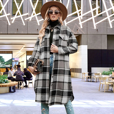 Women's Plaid Tweed Coat Long Sleeve Warm Stylish Outerwear