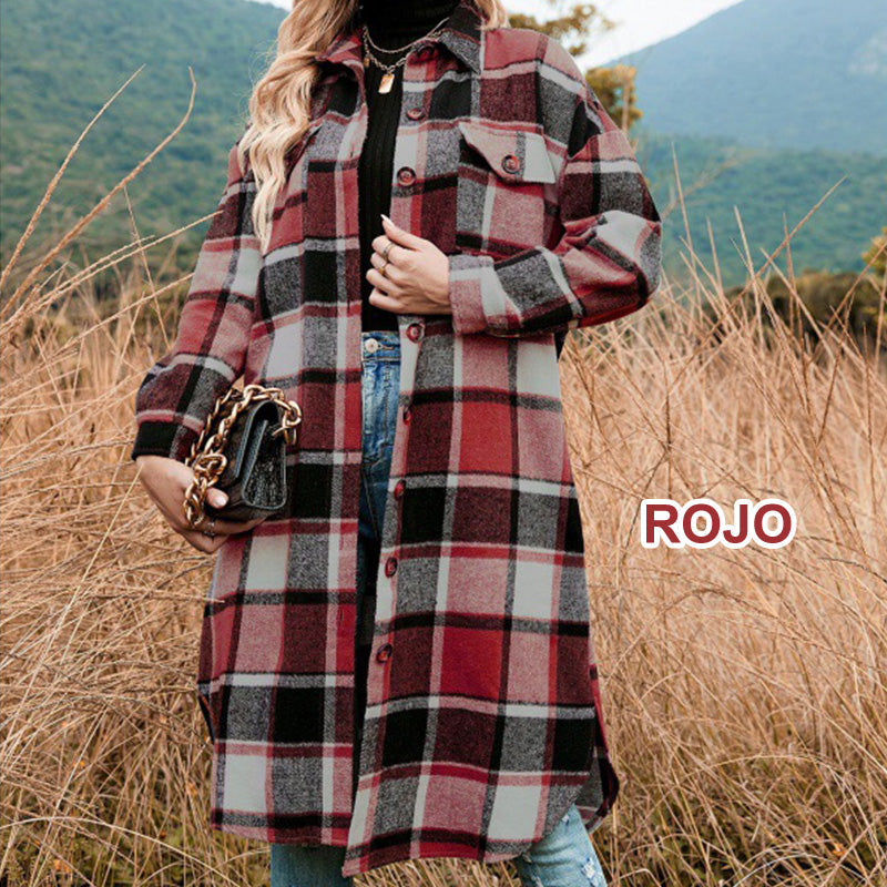 Women's Plaid Tweed Coat Long Sleeve Warm Stylish Outerwear