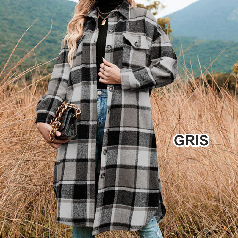 Women's Plaid Tweed Coat Long Sleeve Warm Stylish Outerwear