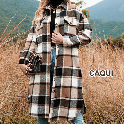 Women's Plaid Tweed Coat Long Sleeve Warm Stylish Outerwear
