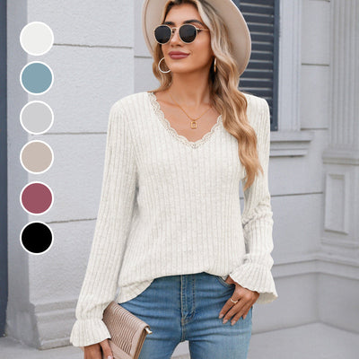 Women's Pullover Knit Sweater Lace V-neck Lightweight Cozy Design