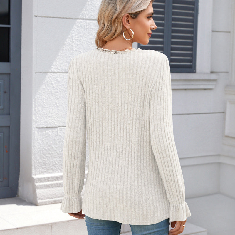 Women's Pullover Knit Sweater Lace V-neck Lightweight Cozy Design