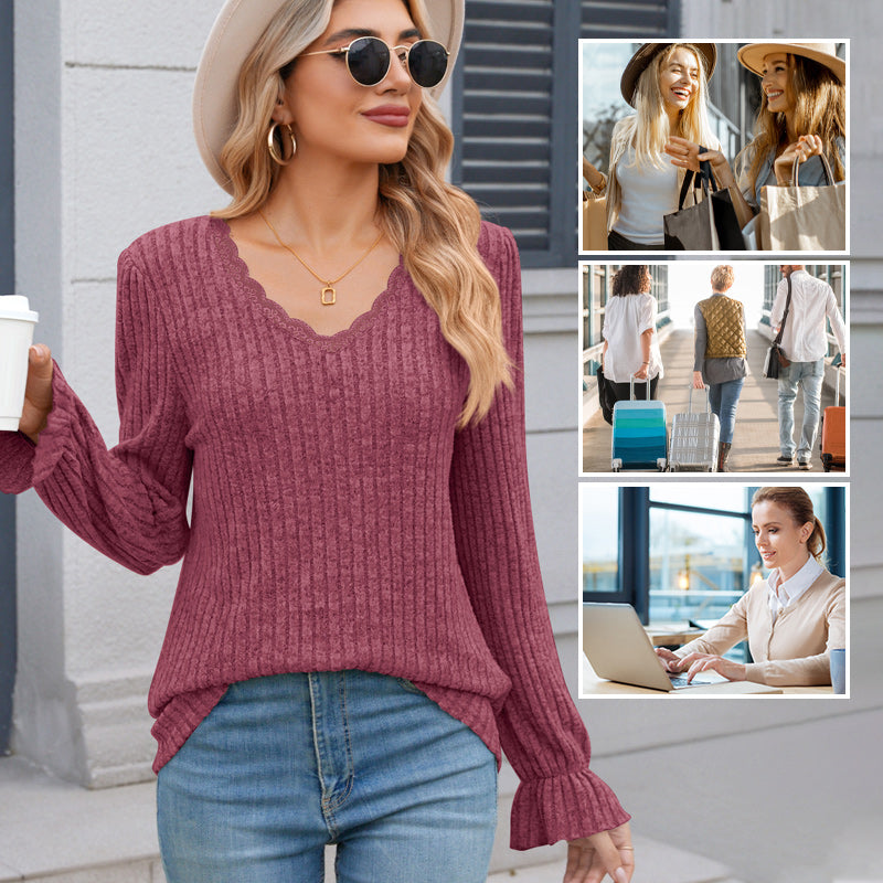 Women's Pullover Knit Sweater Lace V-neck Lightweight Cozy Design