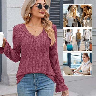 Women's Pullover Knit Sweater Lace V-neck Lightweight Cozy Design