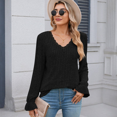 Women's Pullover Knit Sweater Lace V-neck Lightweight Cozy Design
