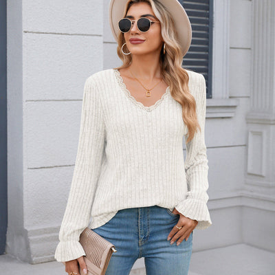 Women's Pullover Knit Sweater Lace V-neck Lightweight Cozy Design