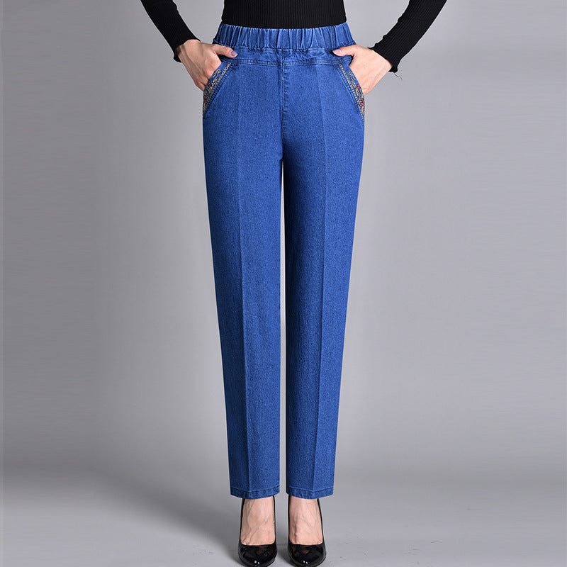 Women's Elastic Waist Jeans With Side Pockets Full Comfort