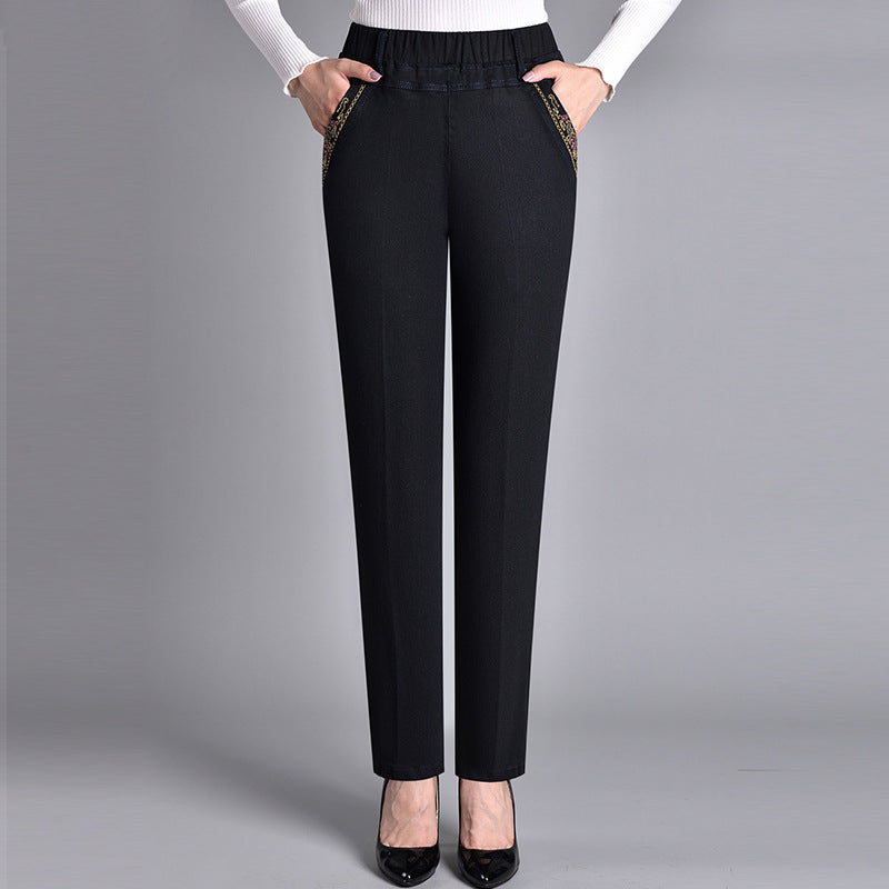 Women's Elastic Waist Jeans With Side Pockets Full Comfort
