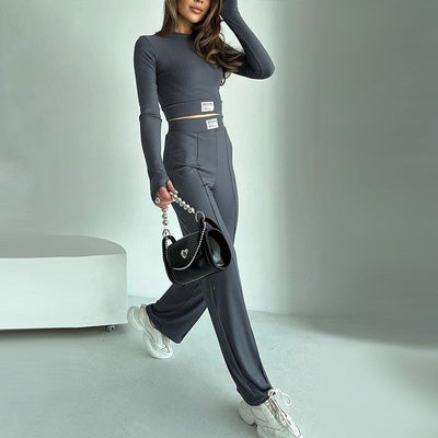 Fitted Crop Top And Pants Set Stylish Comfortable Two Piece Outfit