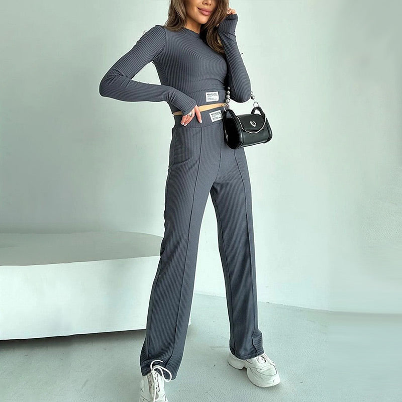 Fitted Crop Top And Pants Set Stylish Comfortable Two Piece Outfit