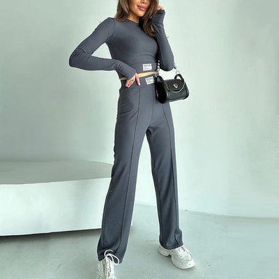 Fitted Crop Top And Pants Set Stylish Comfortable Two Piece Outfit