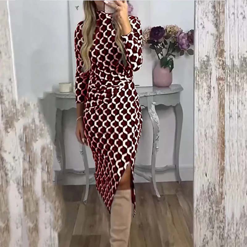 Women's Geometric Print Dress With Side Slit Stylish Design