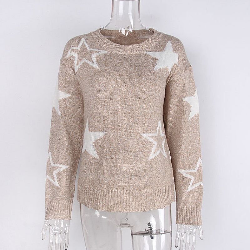 Women's Long-Sleeve Crew Neck Sweater Star Pattern Casual Top