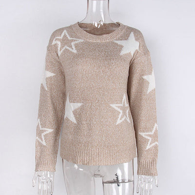 Women's Long-Sleeve Crew Neck Sweater Star Pattern Casual Top