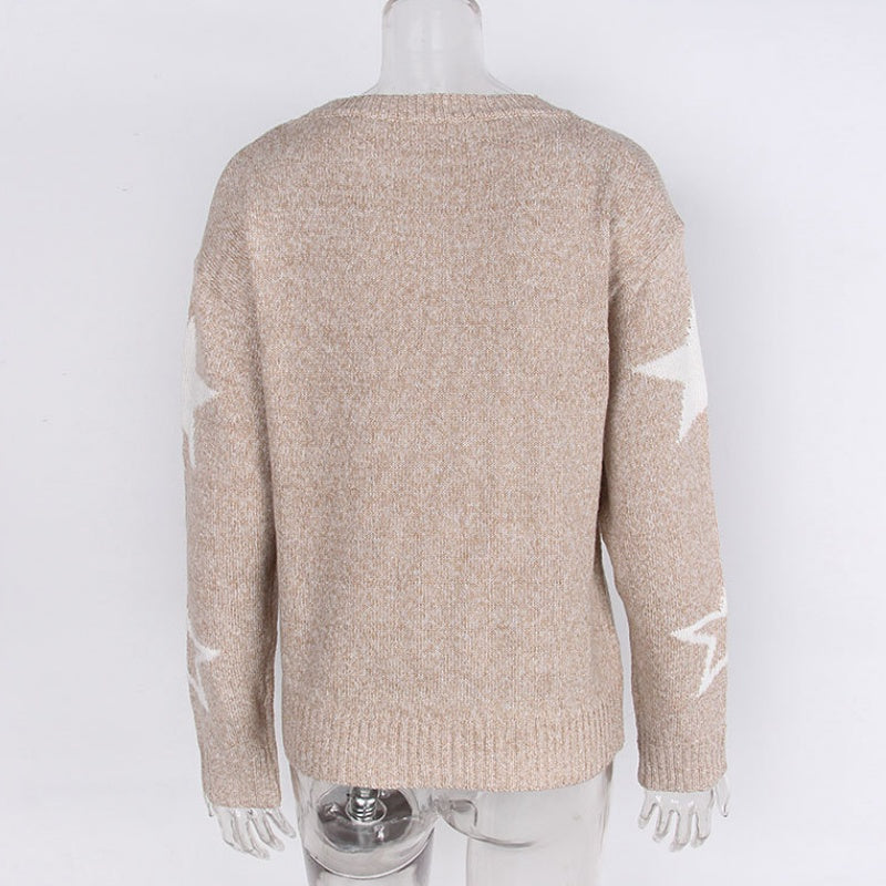 Women's Long-Sleeve Crew Neck Sweater Star Pattern Casual Top
