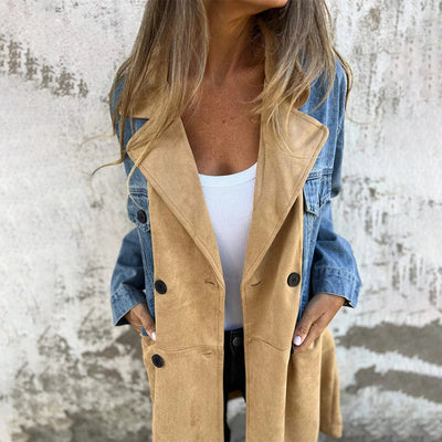 Mid-Length Trench Coat With Stylish Denim Jean Stitching Design