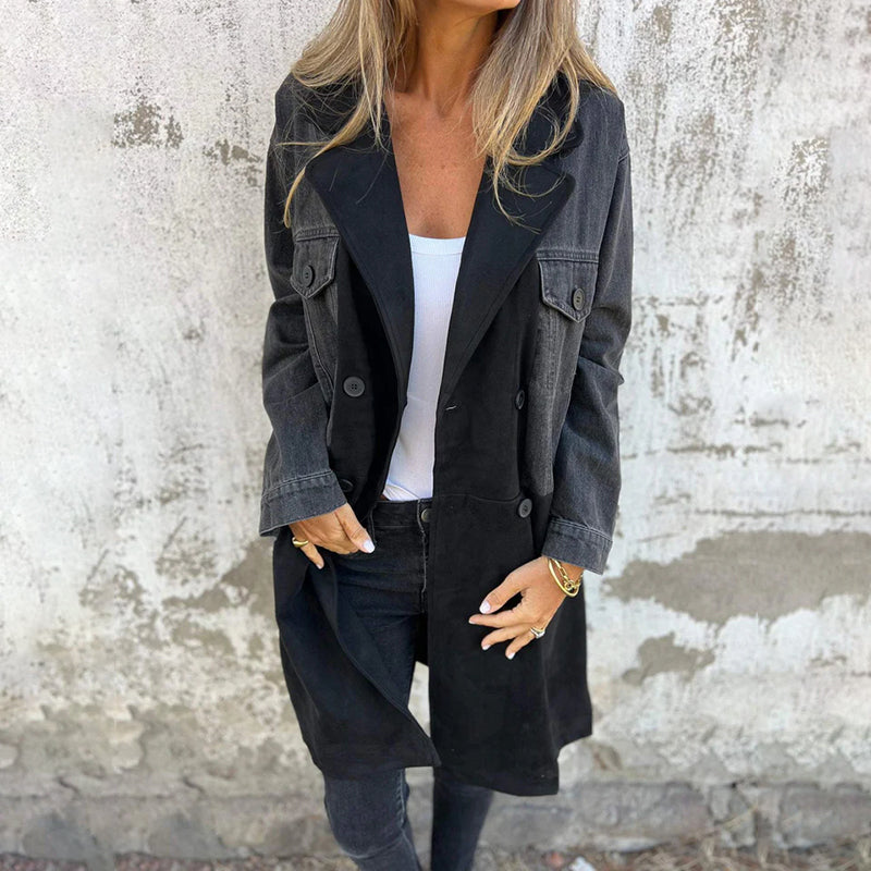 Mid-Length Trench Coat With Stylish Denim Jean Stitching Design