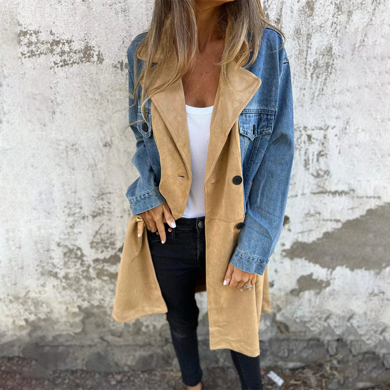 Mid-Length Trench Coat With Stylish Denim Jean Stitching Design