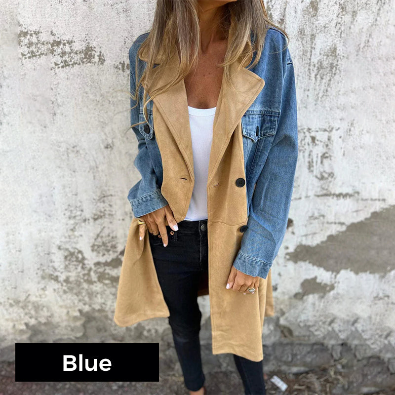Mid-Length Trench Coat With Stylish Denim Jean Stitching Design