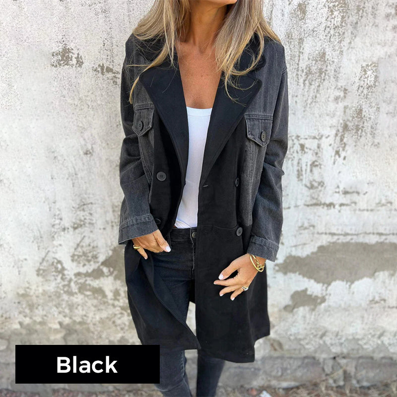 Mid-Length Trench Coat With Stylish Denim Jean Stitching Design