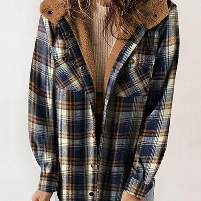 Women's Plaid Hooded Jacket Thickened Flannel Long Sleeve Coat