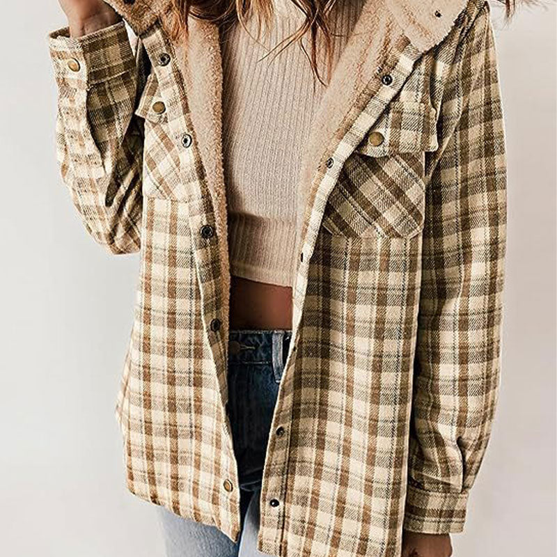 Women's Plaid Hooded Jacket Thickened Flannel Long Sleeve Coat