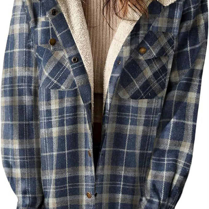 Women's Plaid Hooded Jacket Thickened Flannel Long Sleeve Coat