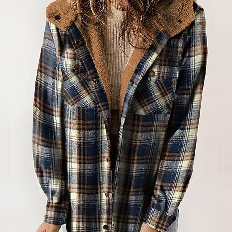 Women's Plaid Hooded Jacket Thickened Flannel Long Sleeve Coat