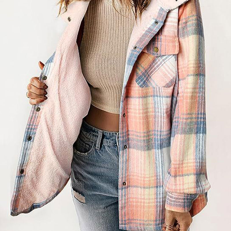 Women's Plaid Hooded Jacket Thickened Flannel Long Sleeve Coat
