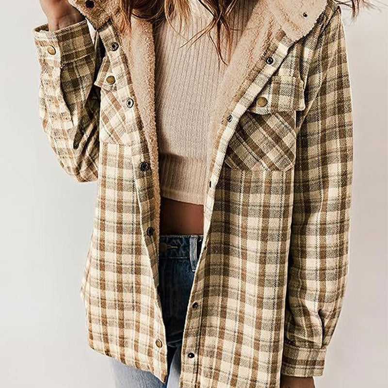 Women's Plaid Hooded Jacket Thickened Flannel Long Sleeve Coat
