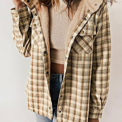 Women's Plaid Hooded Jacket Thickened Flannel Long Sleeve Coat