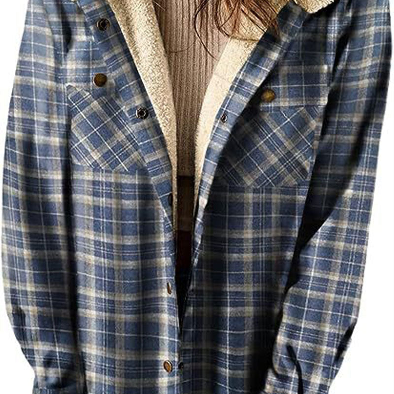 Women's Plaid Hooded Jacket Thickened Flannel Long Sleeve Coat