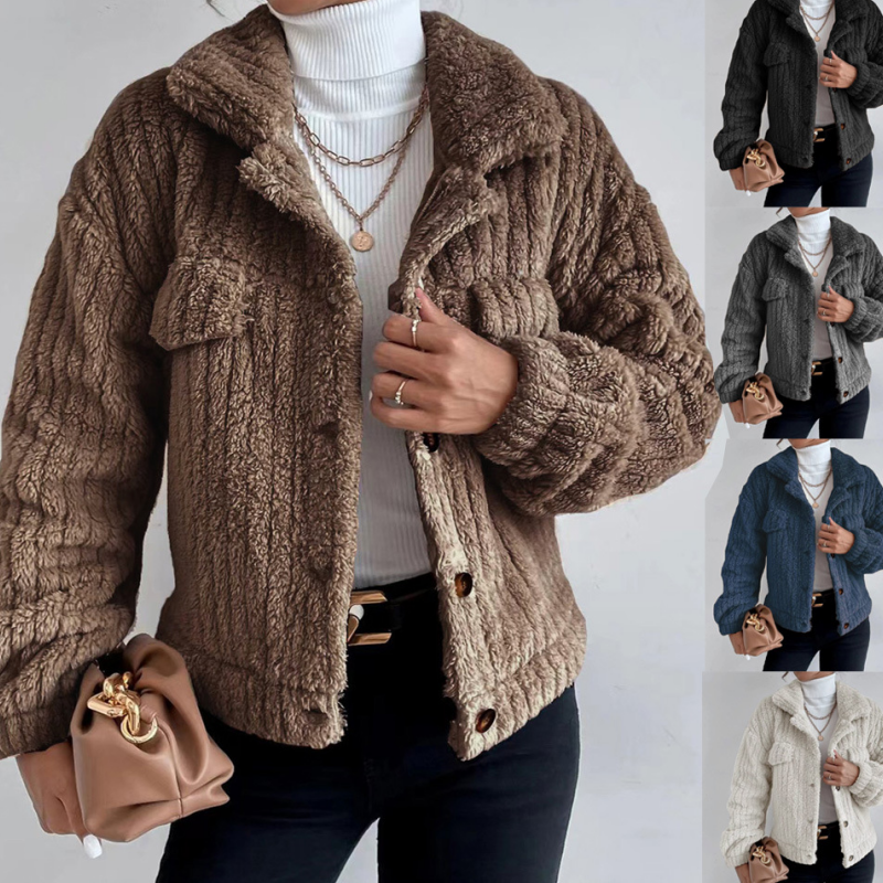 Women's Cropped Fuzzy Coat Warm Button-Down Lapel Jacket