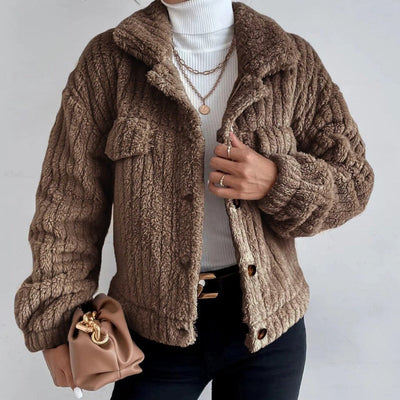 Women's Cropped Fuzzy Coat Warm Button-Down Lapel Jacket