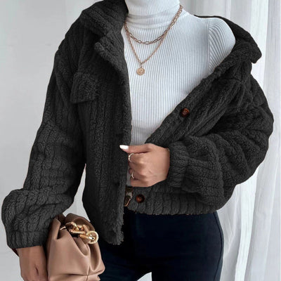 Women's Cropped Fuzzy Coat Warm Button-Down Lapel Jacket