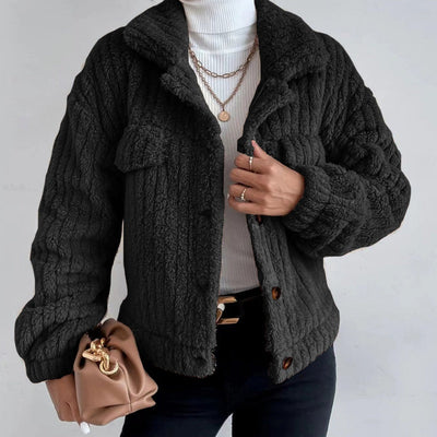 Women's Cropped Fuzzy Coat Warm Button-Down Lapel Jacket